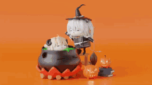 a witch is standing next to a cauldron with a sheep inside of it .