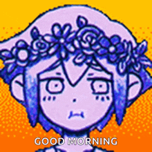 a cartoon of a girl with a crown of flowers on her head says good morning