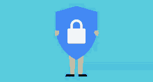 a blue shield with a padlock on it covering a person 's face