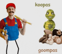 a man dressed as mario and a turtle with the words koopas and goompas on the bottom