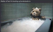a teddy bear is taking a bath in a bathtub