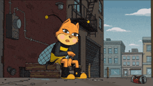 a cartoon drawing of a bee sitting on a bench