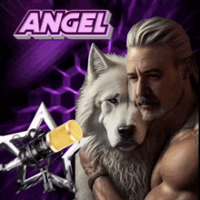 a man holding a wolf in front of a microphone with the word angel above him