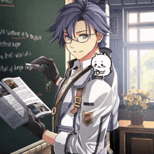 a boy with purple hair is holding a book in front of a blackboard that says ' ec ' on it