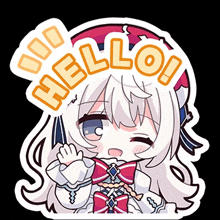 a sticker of a girl with white hair and a red bow says hello !