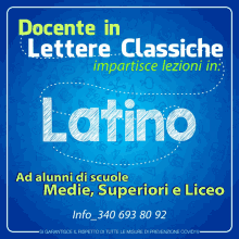 a blue poster that says docente in lettere classiche latino ad alunni di scuole medie superiori e liceo