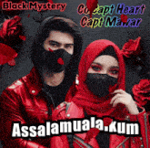 a man and a woman wearing face masks with the words black mystery co capt heart capt mawar