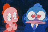 a pink cartoon character and a blue cartoon character with hearts in their eyes are standing next to each other