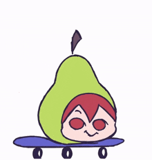 a cartoon drawing of a person wearing a green pear hat