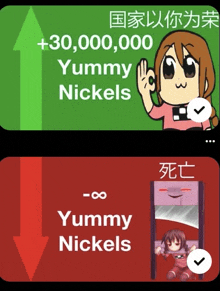 an advertisement for yummy nickels shows a girl waving
