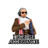 a man wearing headphones stands in front of an american flag with the words of the united state of america below him