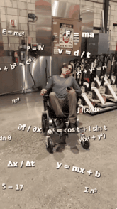 a man in a wheelchair is surrounded by mathematical equations including e = mc2