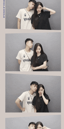 a man and a woman are posing for a picture with the word v220 on their shirt