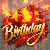 a red and gold birthday greeting card with stars