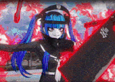 a girl with blue hair is holding a sword with chinese writing on the blade