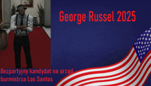 a poster for george russel in 2025 with an american flag in the background