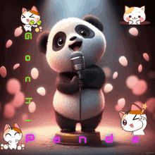 a panda bear is singing into a microphone with the words " good night " written on the bottom