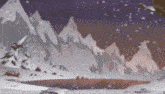 a cartoon illustration of a snowy mountain landscape with trees and mountains in the background .