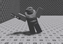 a black and white image of a roblox character with a gun