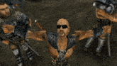 a man wearing sunglasses has a tattoo on his chest that says ' samurai '