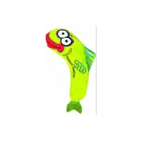 a green fish with big eyes and a red mouth .