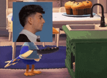 a blue and yellow bird is holding a pan in front of a man 's face