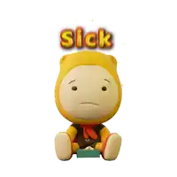 a stuffed animal with a yellow hat and the word sick above it