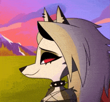 a cartoon wolf with a choker around her neck and red eyes