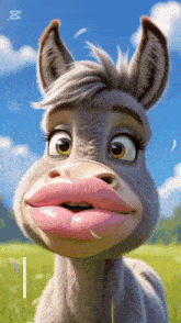 a cartoon donkey with huge pink lips and a blue sky in the background