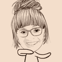 a black and white drawing of a woman wearing glasses and smiling .