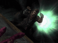 a man in a dark room with a green light coming out of his hand