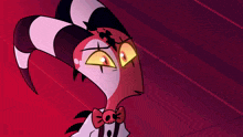 a cartoon character with horns and a bow tie looks at the camera