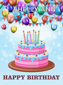 a birthday cake with candles and balloons is on a blue background .
