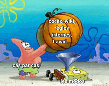 a cartoon of patrick holding a pumpkin with the words codex wiki rules internes travail written on it