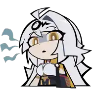 a cartoon drawing of a girl with white hair and the word om on her forehead