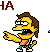 a pixel art of a cartoon character laughing with the word ha behind him .