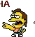 a pixel art of a cartoon character laughing with the word ha behind him .