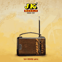 an advertisement for jk masala shows a radio with spices on the front