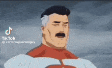 a cartoon character with a mustache is standing in front of a cloudy sky and looking at the camera .