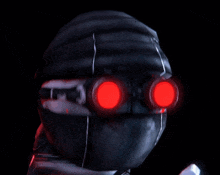 a video game character with red eyes and a gun