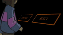 a cartoon character pressing a reset button on a black background