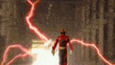 a man in a red and black costume is standing in front of a lightning bolt