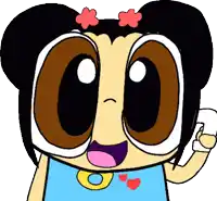 a cartoon character with big eyes and a blue shirt