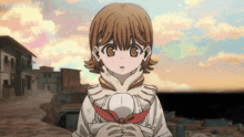 a girl in a white shirt with a red ribbon around her neck stands in front of a cloudy sky