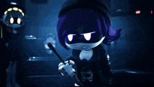 a cartoon character with purple hair is holding a sword in a dark room .