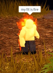 a cartoon character with a speech bubble that says ' my fit is fire ' on it