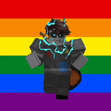a roblox character with a rainbow flag behind him