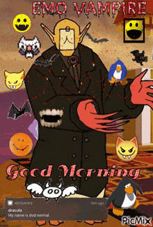 a cartoon of an emo vampire with a good morning message