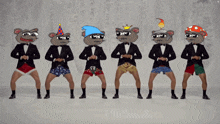 a group of men wearing tuxedos and underwear are dancing together