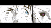 a black and white drawing of three people 's faces with blue eyes